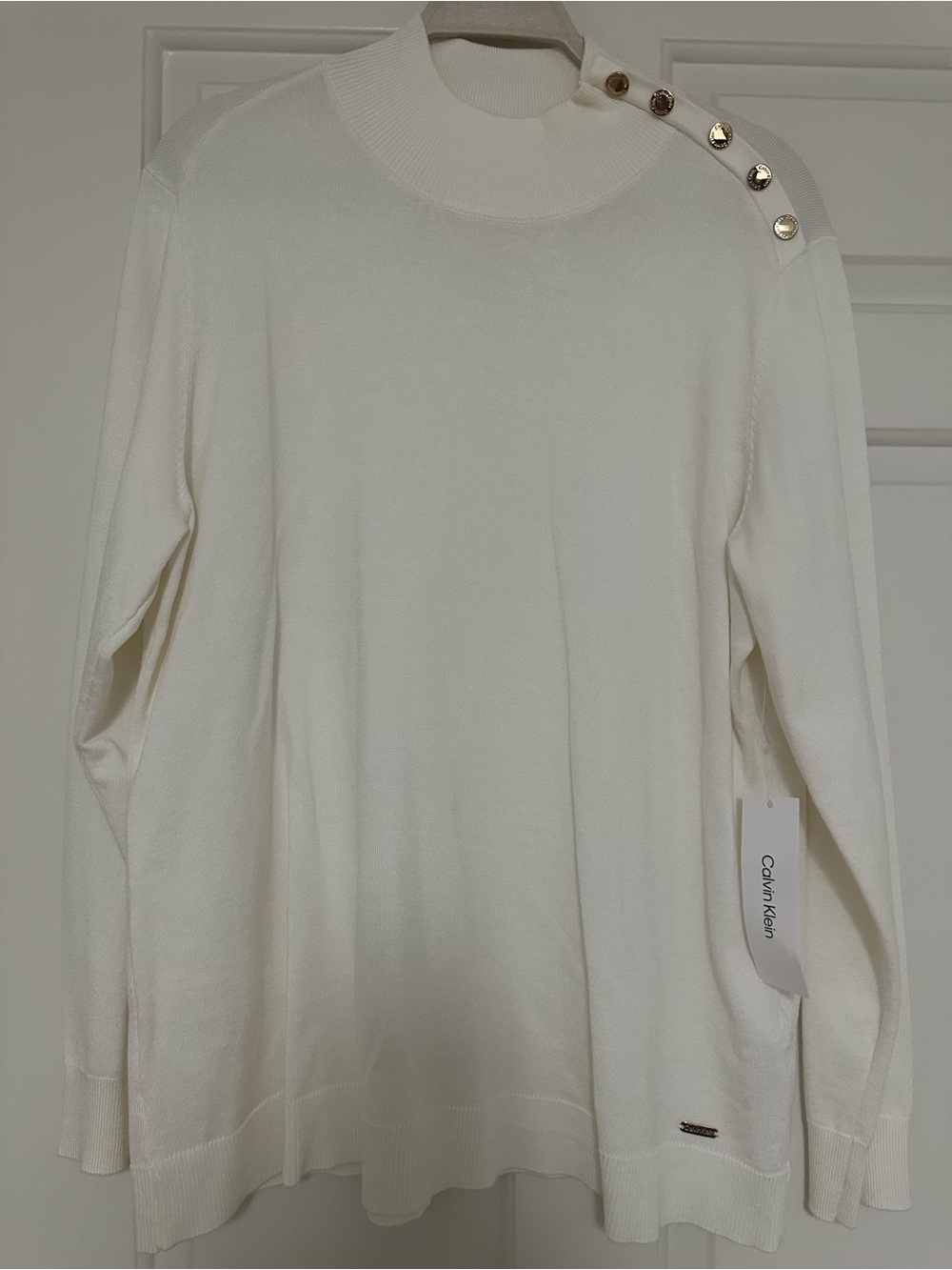 Calvin Klein White Button-Shoulder Mock Neck Sweater